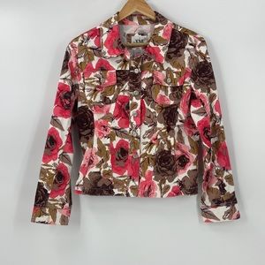 LAL Live A Little pink floral jean vibe jacket button front cotton pockets Large